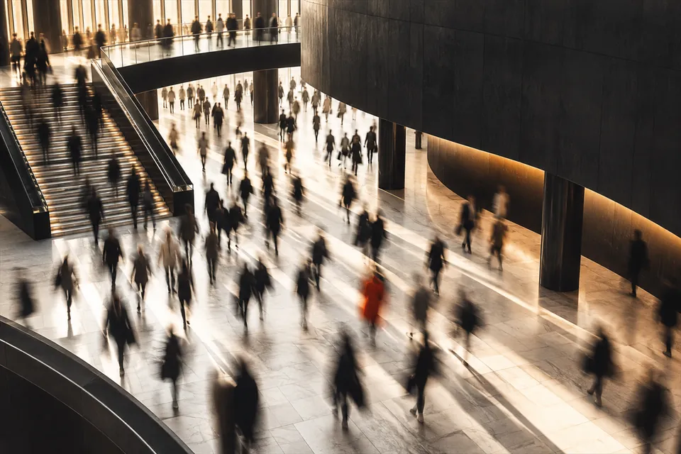 Abstract blurred crowd moving through warm golden light